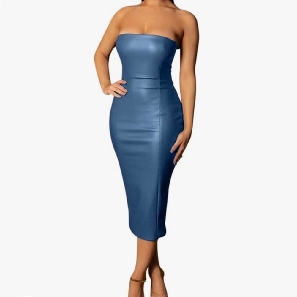 Light blue faux leather strapless midi dress